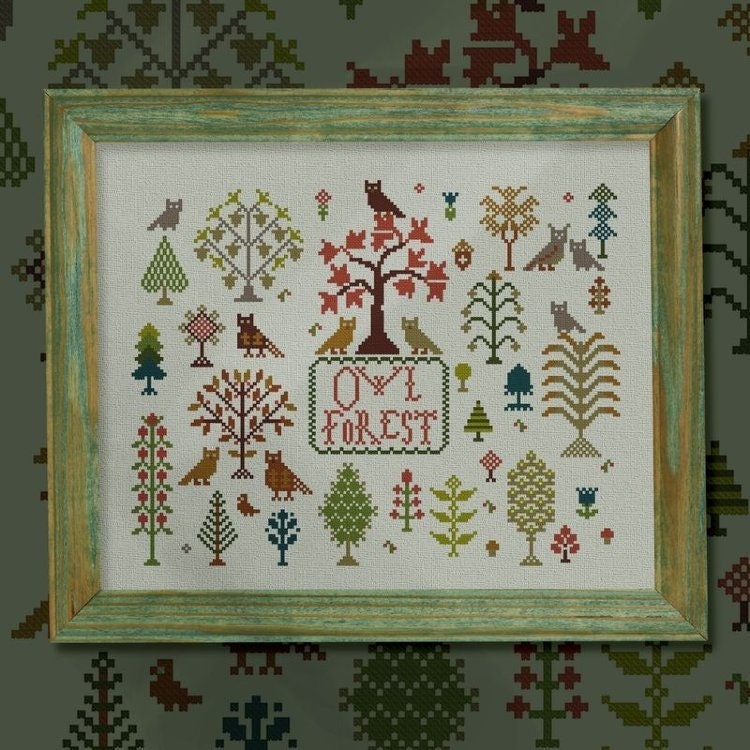 Cross Stitch Pattern, Embroidery Pattern Primitives, Owl Forest Manufacture...