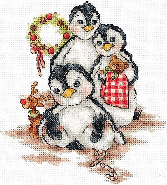New Modern Cross Stitch Hand Embroidery Kit Cute Penguins Etsy