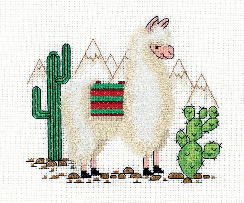 Cute Lama Lama and Cacti Modern Cross Stitch Hand Embroidery Kit Cute Animals Cross Stitch by Rissian Manufacture Gift Idea