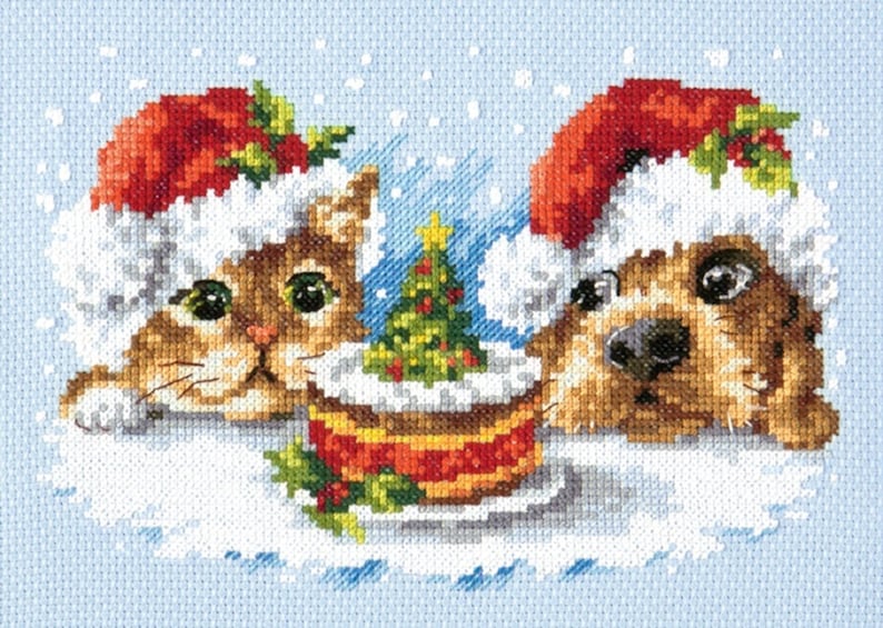 New Counted Modern Cross Stitch Kit by Christmas Pets Puppy and Cat Mother/'s day Gift Russian Manufacture Christmas Eve Print
