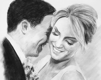 May include: A black and white drawing of a couple on their wedding day. The groom is wearing a suit and the bride is wearing a white dress. They are looking at each other and smiling. The drawing is signed with the year 2019.