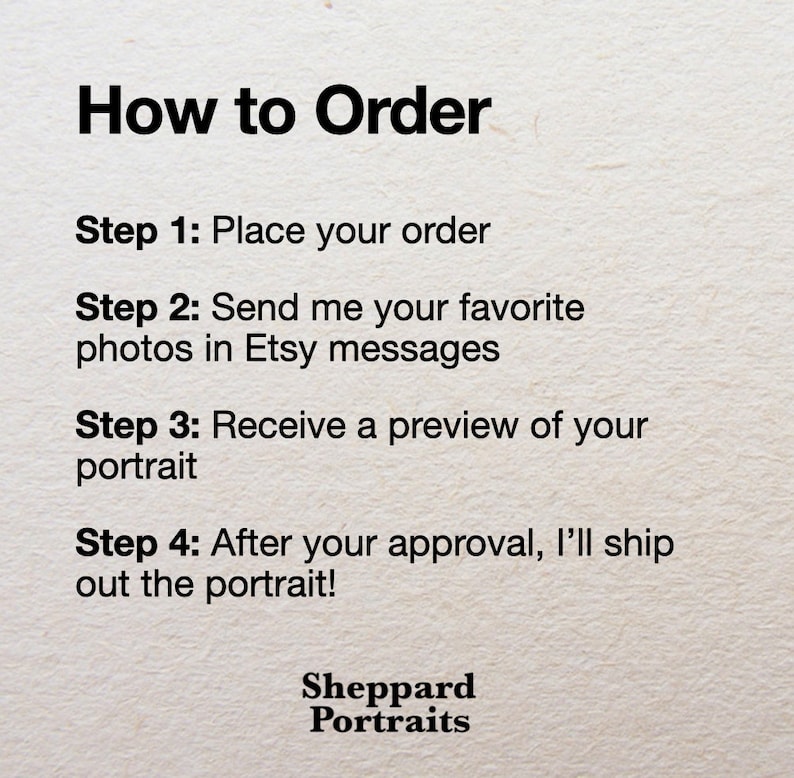 Op de afbeelding: Hoe u een aangepast portret bestelt: Plaats uw bestelling, stuur foto's via Etsy-berichten, ontvang een voorvertoning en keur goed voordat u verzendt. Sheppard Portraits.