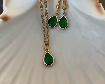 JEWELRY SET, necklace with pendant & earrings, also individually, green-gold, crystal drops, stainless steel chain gold-plated