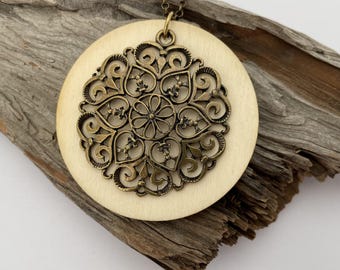 Boho necklace, wooden disc with mandala pendant, Bohemian, Gypsy style, boho chic, hippie jewelry, natural jewelry, long anchor chain bronze