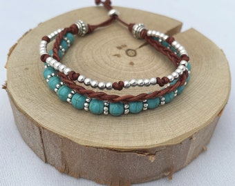 TURQUOISE DREAMS, multi layer bracelet, synthetic turquoise, boho chic, indie style, leather bracelet, beaded bracelet, braided leather bracelet