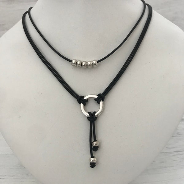 Layer look, leather cord necklace with silver ring and silver beads, boho style, layered look, 3-row chain, choker necklace, flexible length