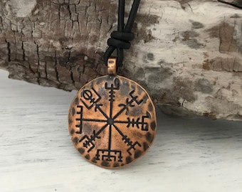 VEGVISIR, Viking compass, rune compass, solid copper, leather chain, talisman, amulet, Viking jewelry, unisex, flexible length