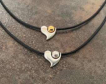 HEART, leather cord necklace, modern heart pendant with pearl, silver or gold, women's leather necklace gift idea