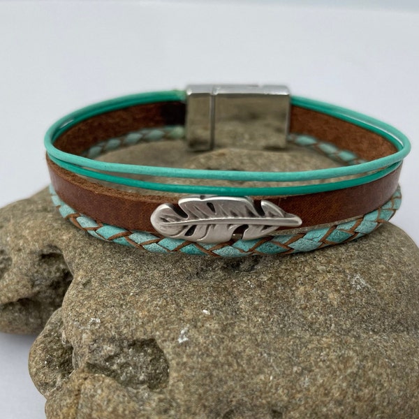 FEATHER, leather bracelet, INDIAN SPIRIT, brown-turquoise, stainless steel magnetic clasp, selectable size, Indian leather bracelet, ethnic jewelry
