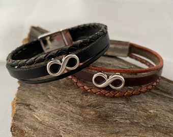 Pulsera de cuero INFINITY, símbolo de infinito, múltiples correas de cuero, cierre magnético de acero inoxidable, talla seleccionable, pulsera de hombre, joyería para pareja