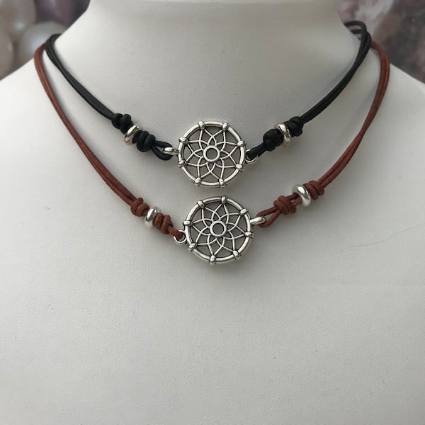 DREAMCATCHER leather cord choker necklace, dream catcher, Indian spirit, leather necklace, unisex, partner jewelry