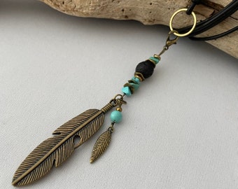 Interchangeable pendant, large feather in bronze with turquoise and lava beads, interchangeable jewelry