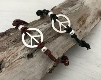 PEACE, leather ankle bracelet / bracelet, peace sign, freedom, hippie, boho jewelry, leather bracelet -unisex-