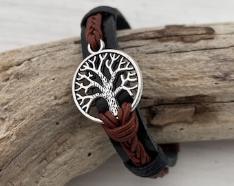 TREE OF LIFE, wide leather bracelet with braided leather strap, partner jewelry, unisex
