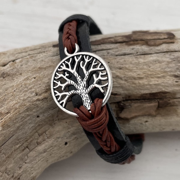 TREE OF LIFE, wide leather bracelet with braided leather strap, partner jewelry, unisex