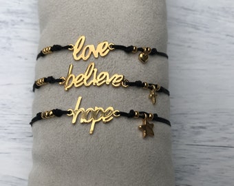 Statement-Macramee-Armband, BELIEVE, HOPE, LOVE, Glaube, Hoffnung, Liebe, Geschenk Idee Ostern, Kommunion, Konfirmation, Symbolschmuck