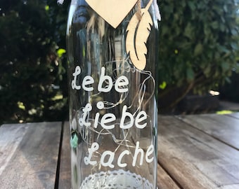 Upcycling - Leuchtflasche,  LEBE, LIEBE, LACHE, Flaschenlicht, Dekoflasche mit Beleuchtung, Tischdeko, Vintage, Landhaus, Geschenk-Idee