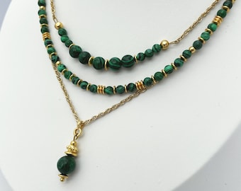 MALACHITE, layered look necklaces, layered look necklaces, also individually, gold-plated stainless steel chain, necklace with gemstone pendant, pearl necklace