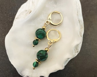 MALACHITE, earrings with gemstone beads, natural stone beads, green-gold, hoop earrings, pearl earrings