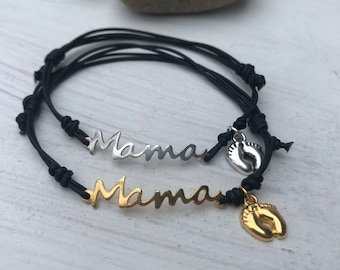 Mama & BABY feet, gift for birth, leather bracelet