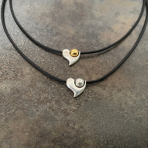 HEART, Lederband-Collier, moderner Herz-Anhänger mit Perle, silber oder gold