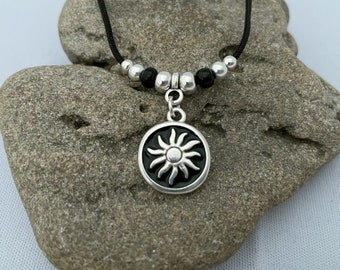 Necklace SUN, sun pendant silver-plated with epoxy resin, 999 silver coating, macrame, boho style, boho jewelry