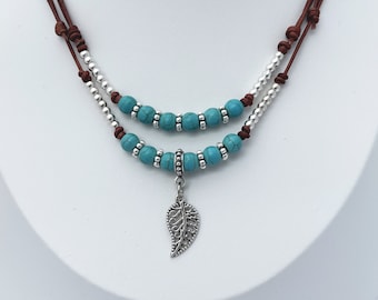 TURQUOISE DREAMS, leather necklace, leaf pendant, multi layer necklace, synthetic turquoise, boho chic, indie style