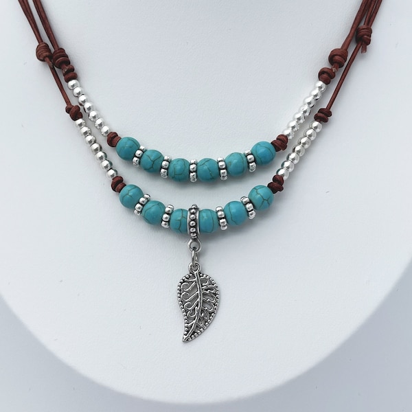 TURQUOISE DREAMS, leather necklace, leaf pendant, multi layer necklace, synthetic turquoise, boho chic, indie style