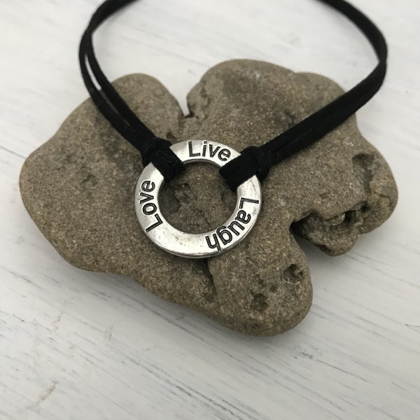 LIVE LOVE LAUGH choker necklace, silver-plated, Alcantara band (imitation suede), vegan, symbolic jewelry, statement