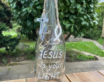 Leuchtflasche, upcycling Deko, Flaschenlicht, Dekoflasche mit Beleuchtung, Spruchflasche, Tischdeko, Geschenkidee, Terrasse, Balkon