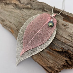real LEAVES with freshwater pearl grey, snake chain silver 80 cm, Naturestyle, natural jewelry, necklace with leaf pendant