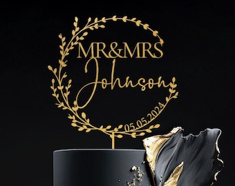 Gold Hochzeitstorte Topper, Mr Mrs Cake Topper, Hochzeitstorte Topper, Hochzeitstorte Topper, Jubiläum Topper, Personalisierter Kuchen Topper, Rustikal