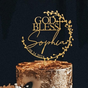 Decorazione per torta "Dio ti benedica", decorazione per torta con ghirlanda floreale per battesimo, decorazione per torta personalizzata per battesimo con data, decorazione per torta per prima comunione.