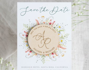 Monogrammes « Save the Date Magnets », mariage bohème fleurs sauvages, « Save the Dates », cartes « Save the Date » avec aimant, aimants personnalisés pour mariage