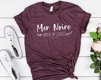 Bella Canvas 3413 Mockup Maroon Triblend Knotted Shirt Unisex Flatlay Mockup