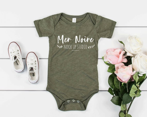 Bella Canvas Mockup 134b Olive Triblend Bodysuit Unisex Flatlay