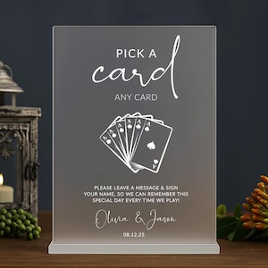 Enseigne de livre d'or de mariage Cartes à jouer, enseigne Choisissez une carte, enseigne de mariage de cartes à jouer, enseigne de livre d'or de mariage en acrylique, enseigne de livre d'or de mariage personnalisé