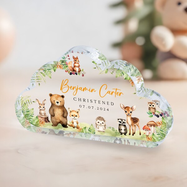 Regalo personalizado para bautizo de niño, placa de animales del bosque para bebé, recuerdo de bautizo, regalo para bautizo.