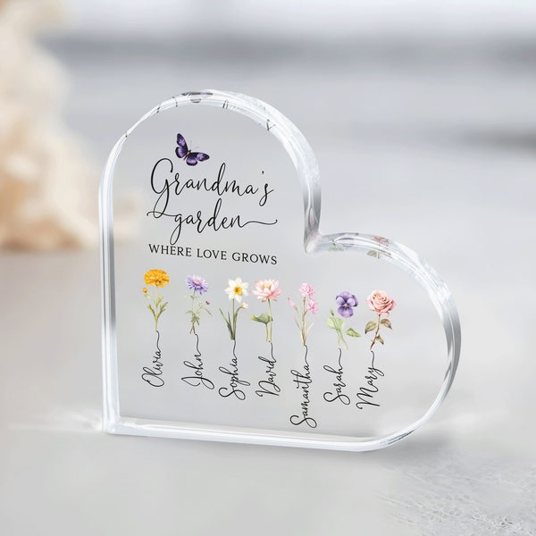 Grandma Gift, Personalized Grandma's Garden Gift For Grandma, Mother's Day Gift For Grandma, Birth Month Flower Heart Acrylic Plaque