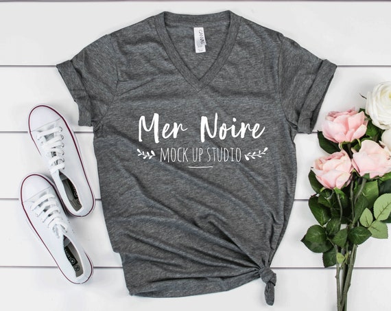 Download Bella Canvas 3415 Mockup Grey Triblend Vneck Knotted Shirt Free Packaging Mockups Templates PSD Mockup Templates