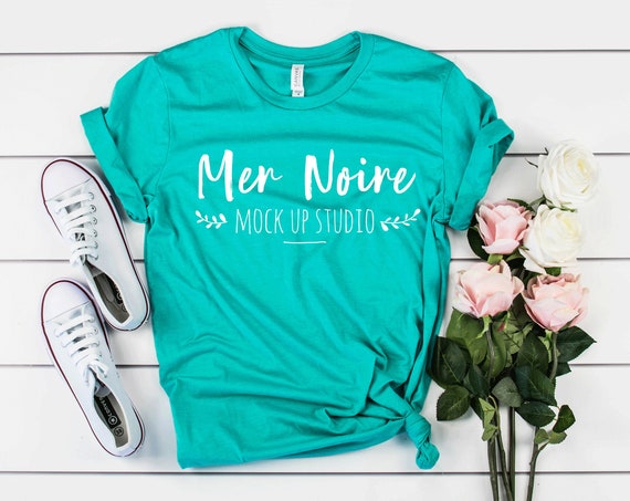 Bella Canvas Mockup 3001 Teal Knotted Shirt Unisex Flatlay