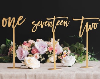 Números de mesa de oro para boda, números de mesa boda, números de mesa de madera, decoración de boda rústica, pieza central de recepción de boda