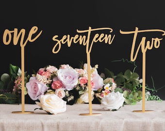May include: Three gold table number signs with the numbers "one", "seventeen", and "two" written in a cursive font. The signs are on a table with a bouquet of pink and white flowers in the background.