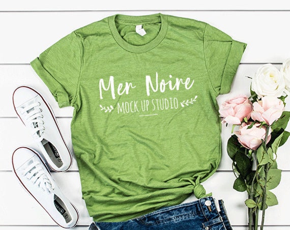 Bella Canvas Mockup 3001 Heather Green Knotted Shirt Unisex