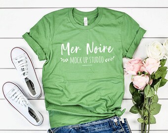 Download Free Bella Canvas Mockup 3001 Leaf Knotted Shirt Unisex Jeans Flatlay Mockup PSD Template