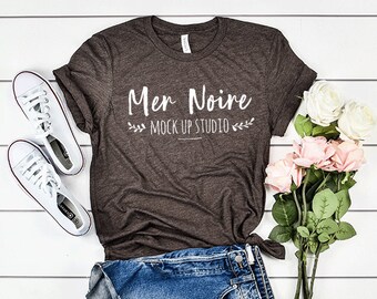 Bella Canvas Mockup 3413 Brown Triblend Knotted Shirt Unisex Flatlay Mockup Jeans