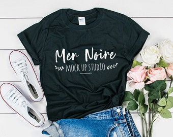 Download Free Black Shirt Mockup Gildan Mockup 64000 Softstyle White Knotted Shirt Unisex Flatlay Mockup Gildan Softstyle Mockup 100 Logo Psd Vector Mockup Templates PSD Mockup Template