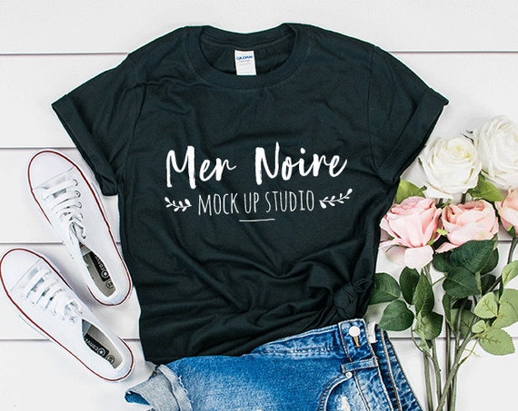 Black Shirt Mockup Gildan Mockup 64000 Softstyle White Knotted