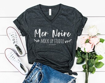 Download Free Bella Canvas mockup, Bella Canvas 3005, 3005 Mockup Dark Gray Heather, T-shirt mockup, T-shirt with jeans, Flatlay mockup PSD Template