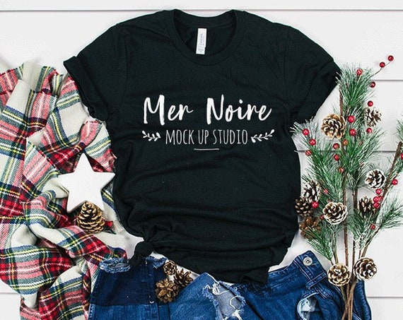 Christmas Bella Canvas Mockup 3001 Black Knotted Shirt With